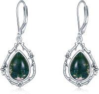 wholesale 925 Sterling Silver Green Moss Agate Celtic Filigree Teardrop Dangle Earrings with Leverbacks-K-Moss Agate