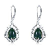 wholesale 925 Sterling Silver Green Moss Agate Celtic Filigree Teardrop Dangle Earrings with Leverbacks-K-Moss Agate