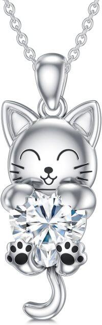 wholesale 925 Sterling Silver Birthstone Cat Pendant Necklace for Women-April(White Crystal)