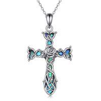 wholesale 925 Sterling Silver Blue Opal Inlay Celtic Knot Cross Pendant Necklace Religious s for Women and Men-rose flower