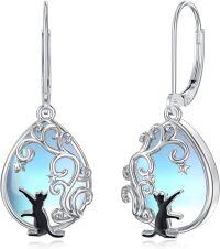 wholesale 925 Sterling Silver Blue Moonstone Cat Filigree Teardrop Dangle Leverback Earrings-Black Cat Moonstone