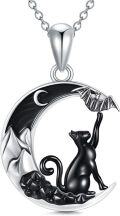 wholesale 925 Sterling Silver Crescent Moon Black Cat and Bat Necklace Pendant-0-0