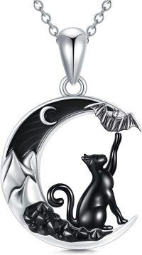 wholesale 925 Sterling Silver Crescent Moon Black Cat and Bat Necklace Pendant-Cat&Bat