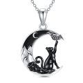 wholesale 925 Sterling Silver Crescent Moon Black Cat and Bat Necklace Pendant-0-0