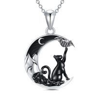 wholesale 925 Sterling Silver Crescent Moon Black Cat and Bat Necklace Pendant-Cat&Bat