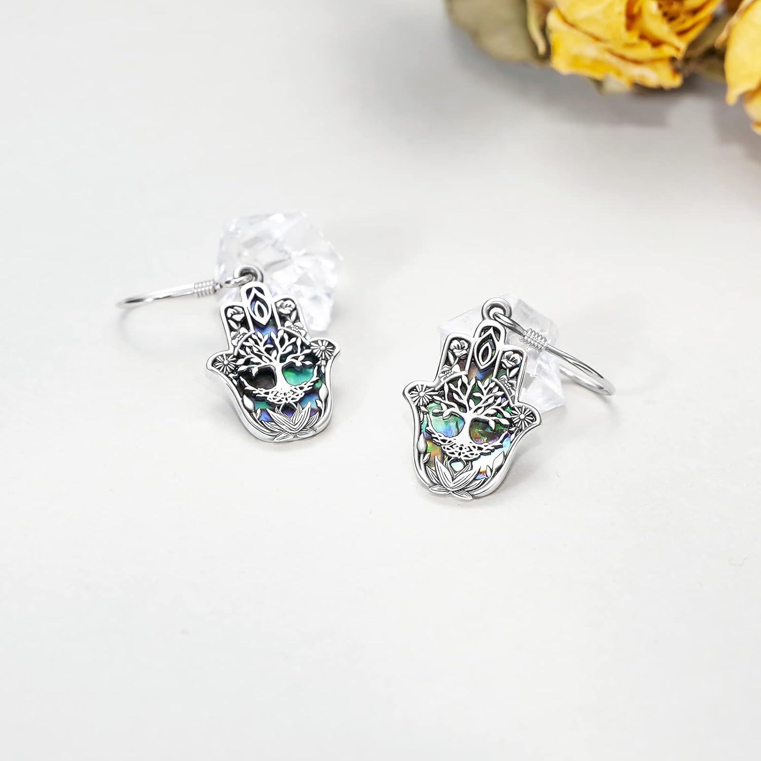 wholesale 925 Sterling Silver Tree of Life Hand Drop Earrings with Abalone Shell and Blue Enamel-0-2