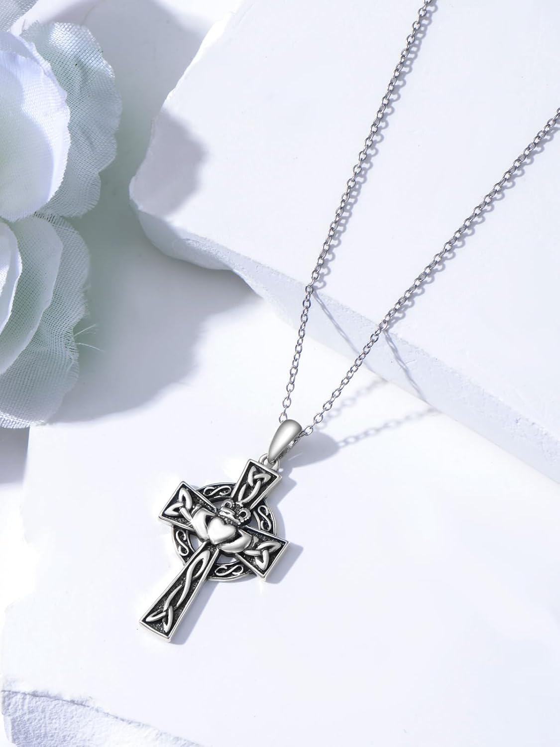 Sterling Silver Celtic Cross Pendant Irish Claddagh Necklace-0-2