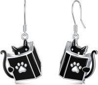 wholesale 925 Sterling Silver Black Cat Paw Print Book Shape Drop Earrings Gift for Women and Teacher-Cat Book