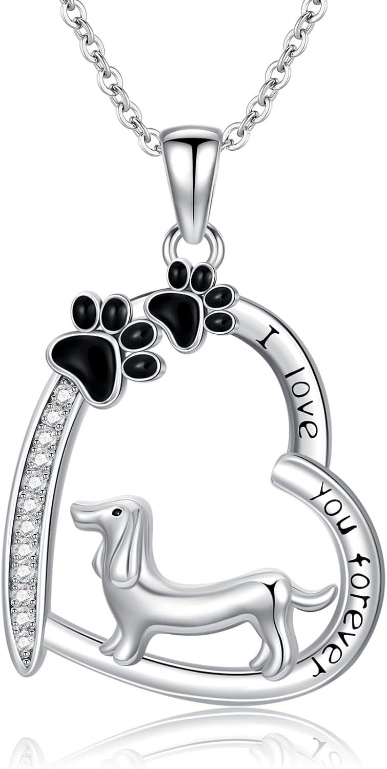  Sterling Silver Heart Dog Pendant Necklace for Women Dog Lovers -Dachshund Necklace