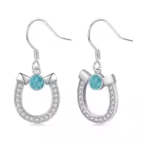 wholesale 925 Sterling Silver Blue Turquoise & White Crystal Horse Shoe Drop Earrings-Horseshoe-Turquoise
