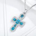 wholesale 925 Sterling Silver Natural Turquoise Cross Pendant Necklace with Cubic Zirconia Accents-0-2