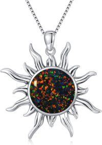 wholesale 925 Sterling Silver & Synthetic Opal Sun Charm Necklace - 18 Rhodium Plated Chain, 13mm Pendant-L_Black Opal