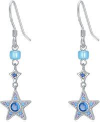 wholesale 925 Sterling Silver Blue Pink Sapphire Star Heart Dangle Earrings for Women-Star-Blue Topaz