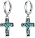 wholesale 925 Sterling Silver Natural Turquoise Stone Cross Drop Dangle Hoop Earrings for Women and Grandmas-0-0