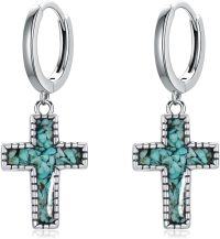 wholesale 925 Sterling Silver Natural Turquoise Stone Cross Drop Dangle Hoop Earrings for Women and Grandmas-Dangle