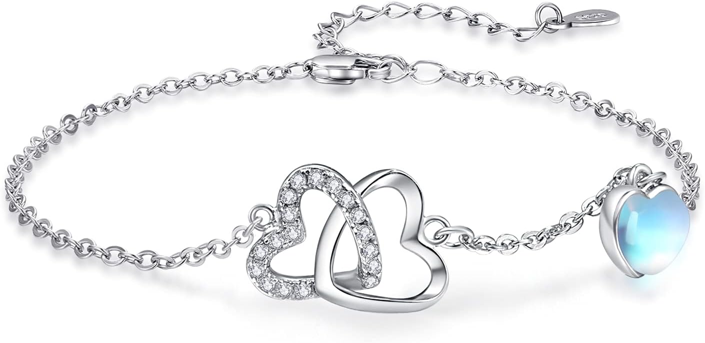 wholesale 925 Sterling Silver Double Heart Moonstone Charm Bracelet for Women-0-0