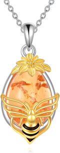 wholesale 925 Sterling Silver Amber Honeybee & Flower Pendant Necklace for Women Girls-0-0