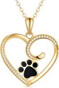 wholesale 14K Gold Real 14K Gold Dog Cat Paw Print Heart Pendant Necklace - Black Enamel & Cubic Zirconia Accents-0-0