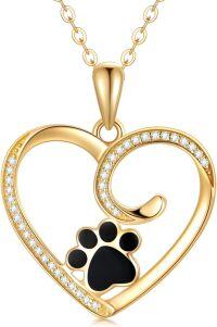 wholesale 14K Gold Real 14K Gold Dog Cat Paw Print Heart Pendant Necklace - Black Enamel & Cubic Zirconia Accents-Yellow Gold gold