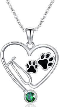 wholesale Sterling Silver Birthstone Vet Stethoscope Necklace Dog Paw Pendant Nurse Jewelry Gift for Women Veterinarians-Stethoscope 05-May Birthstone