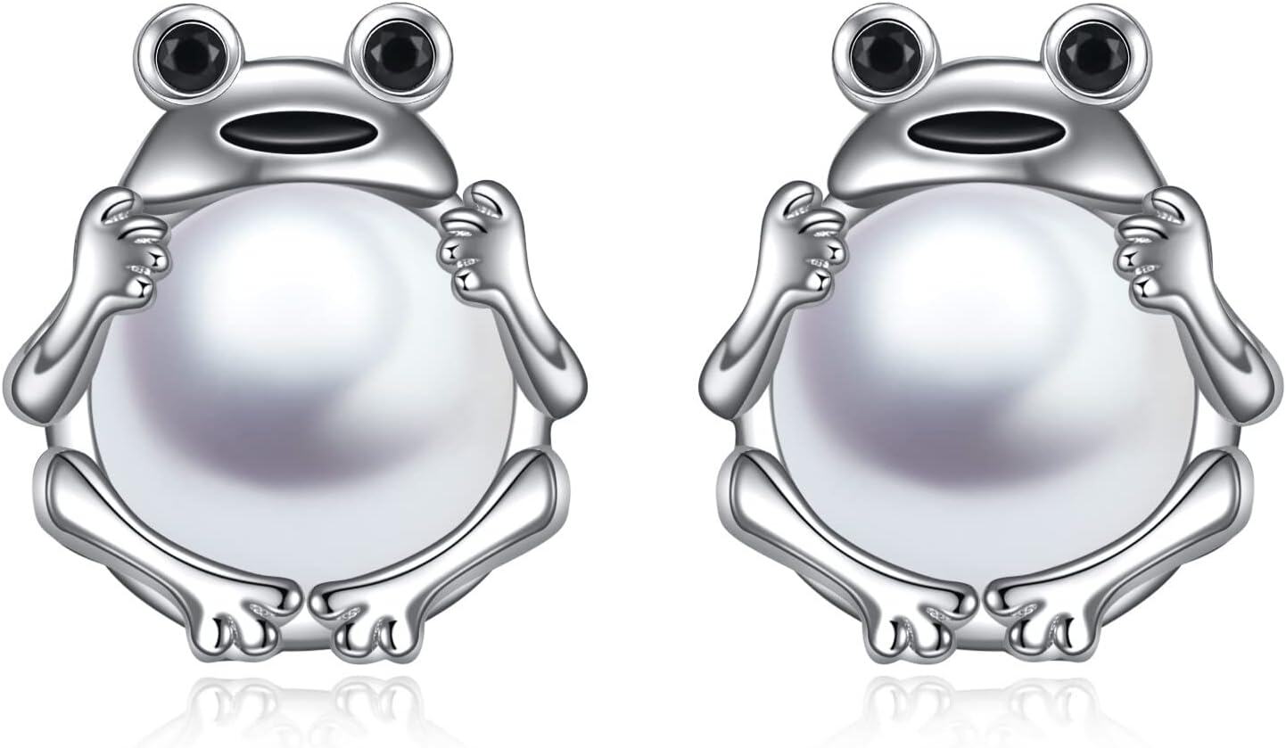 wholesale  Sterling Silver Moonstone Cat Frog Fox Axolotl Panda Cow Monkey Stud Earrings -Frog Pearl