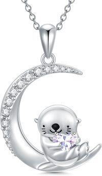 wholesale Sterling Silver Animal Birthstone Necklace Otter Axolotl Hippo Pendant Jewelry Gift for Women-06-Jun-Otter