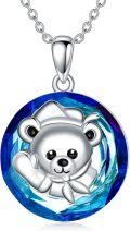 wholesale 925 Sterling Silver Round Blue Crystal Teddy Bear Pendant Necklaces for Girls and Women s-0-0