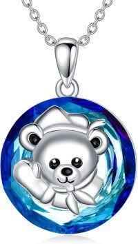wholesale 925 Sterling Silver Round Blue Crystal Teddy Bear Pendant Necklaces for Girls and Women s-Bear