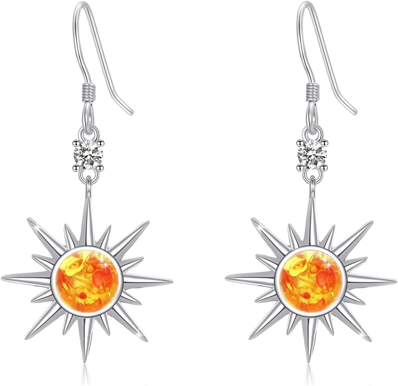 Sterling Silver Sun Earrings for Women Sun Pendant Drop Earrings Sunshine Jewelry Gift-Sun Earrings - Amber Stone