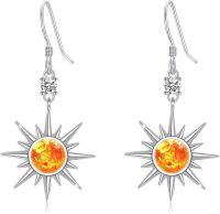 wholesale 925 Sterling Silver Starburst Orange Stone Dangle Earrings - Sunlight Inspired s-Sun Earrings - Amber Stone
