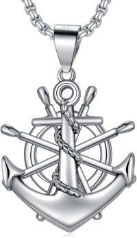 wholesale 925 Sterling Silver Nautical Anchor with Rope Wheel Pendant Necklace for Men & Women-Nautical Ship Steering Wheel Anchor Necklace