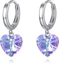 wholesale 925 Sterling Silver Purple Crystal Heart Drop Huggie Hoop Earrings for Women's Gifts-Heart