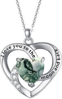 wholesale 925 Sterling Silver Green Turquoise Heart Pendant Necklaces for Women I love you to the moon and back Statement s-05-Heart Moss Agate