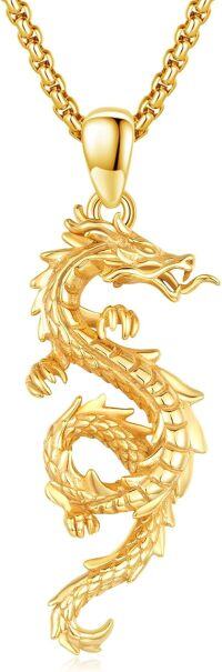 wholesale Gold 925 Sterling Silver Dragon Pendant Necklace for Men Women Valentines Day Gifts-24k Gold Plating