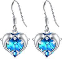 wholesale 925 Sterling Silver Blue Crystal Heart Dolphin Wave Stud Earrings for Women-Dolphin Earrings K
