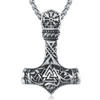 wholesale 925 Sterling Silver Mjolnir Thor Hammer Necklace Wholesale With Viking Runes And Knotwork Design Pendant For Men And Women-Silver