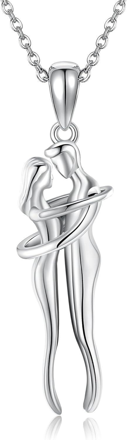 Sterling Silver Hug Couple Pendant Necklace Valentine s Anniversary Gift for Women Wife Lover-Hug-White