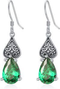 wholesale Sterling Silver 12 Months Birthstone Vintage Teardrop Dangle Earrings-05-Emerald-Green