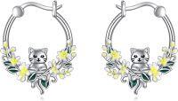 wholesale 925 Sterling Silver Cat Flower Huggie Hoop Earrings - Cute Animal  for Women-Animal earrings-Cat Earrings
