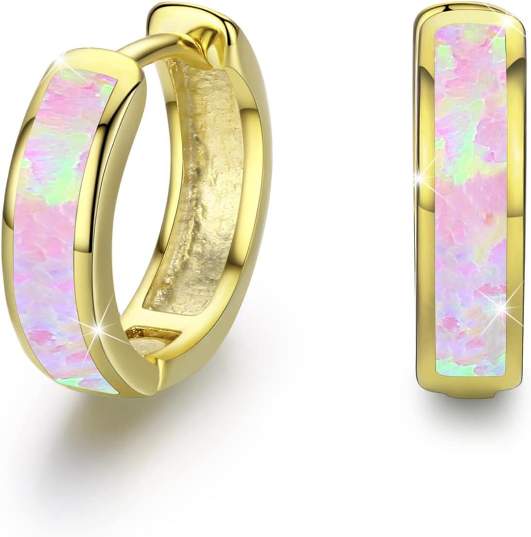Sterling Silver Simulated Opal Hoop Earrings for Women Hypoallergenic Huggie Hinged Hoops Colorful Jewelry Gift-14mm Gold Pink-14