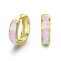wholesale 925 Sterling Silver Simulated Opal Hoop Earrings for Women Hypoallergenic Huggie Hinged Hoops Colorful Jewelry Gift-14mm Gold Pink-14
