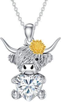 wholesale Metal Stone Highland Cow Pendant Necklace w Heart Birthstone Women s Gift-April