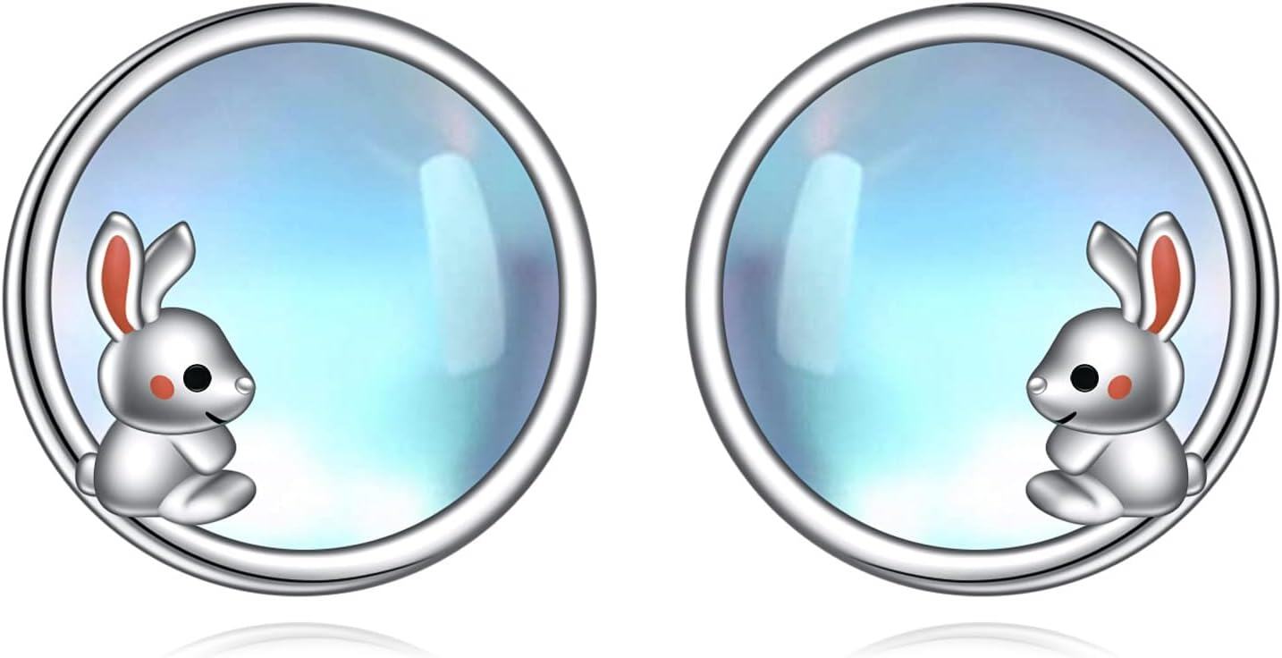 Sterling Silver Moonstone Cat Panda Fox Cow Owl Stud Earrings for Women-Bunny Earrings