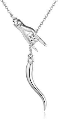 wholesale 925 Sterling Silver Birthstone Italian Horn Hand Necklace Cornicello Mano Cornuto Good Luck Amulet Pendant for Women-04-April-White Zirconia
