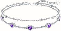 wholesale Sterling Silver Birthstone Heart Anklet Bracelets for Women Mom Wife GF-02-Amethyst Bracelet 7\"-9\"