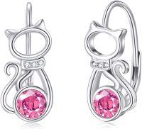 wholesale 925 Sterling Silver Birthstone Kitten Leverback Cat Earrings for Women-Pink