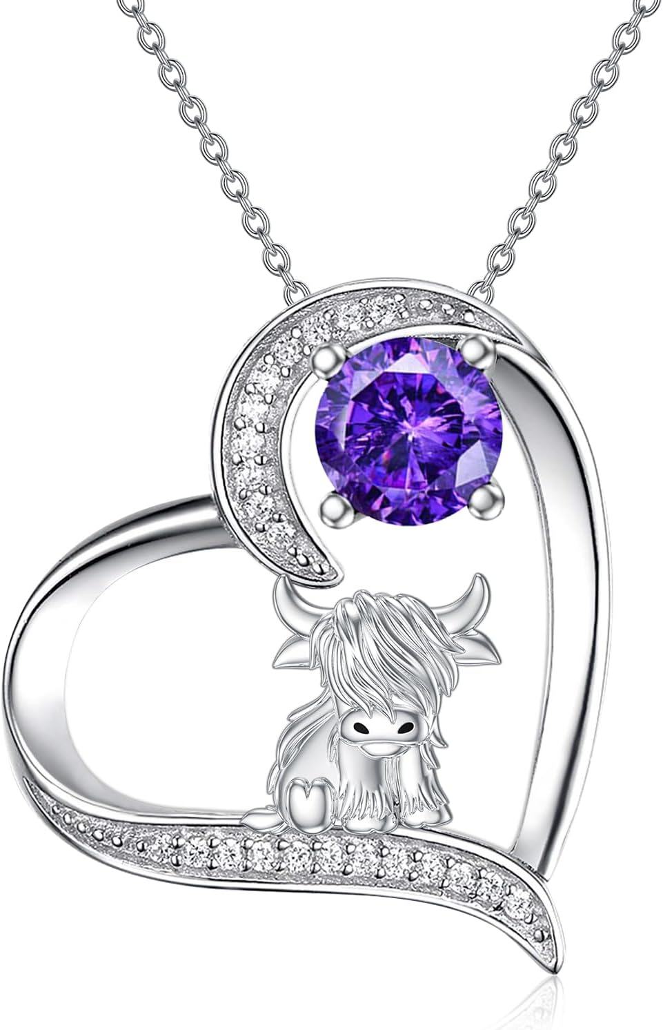 Sterling Silver Highland Cow Birthstone Necklace Jewelry Gifts for Women Girls-1-02-February-1-02-February