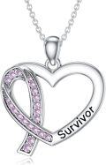 wholesale 925 Sterling Silver Heart-Shaped Survivor Ribbon Pendant Necklace with Pink Stones-0-0