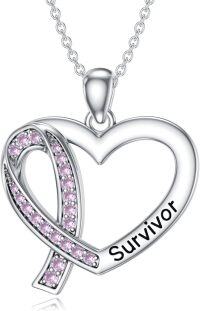 wholesale 925 Sterling Silver Heart-Shaped Survivor Ribbon Pendant Necklace with Pink Stones-breast cancer