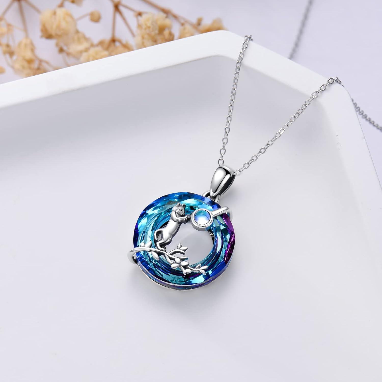 wholesale 925 Sterling Silver Metal Crystal Animal Pendant Necklace - Kitten on Branch Design-0-3